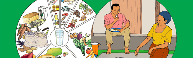 illustrations of nutritious foods and people eating