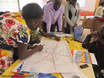 group of people discussing diagrams on a table