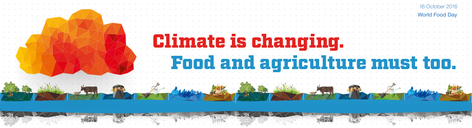 Climate is changing. Food and agriculture must too. graphic of orange cloud over crops and livestock