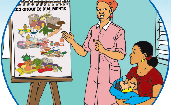 illustration from flipchart of new mother learning about food groups