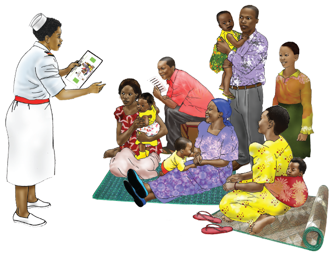 illustration of staff person speaking to a group of families