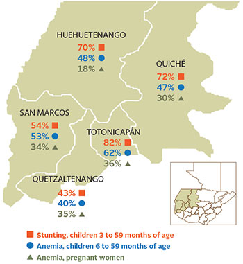  stunting 43%, anemia in children 40%, anemia in pregnant women 35%. 