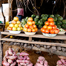 © 2010 Jessica Scranton, FHI 360. Woman in a Zambian market with a diverse variety of fruits and vegetables.