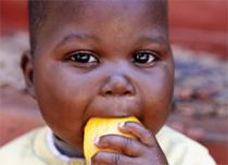 baby muching on a fruit