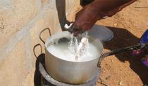 Hands washing food in a pot